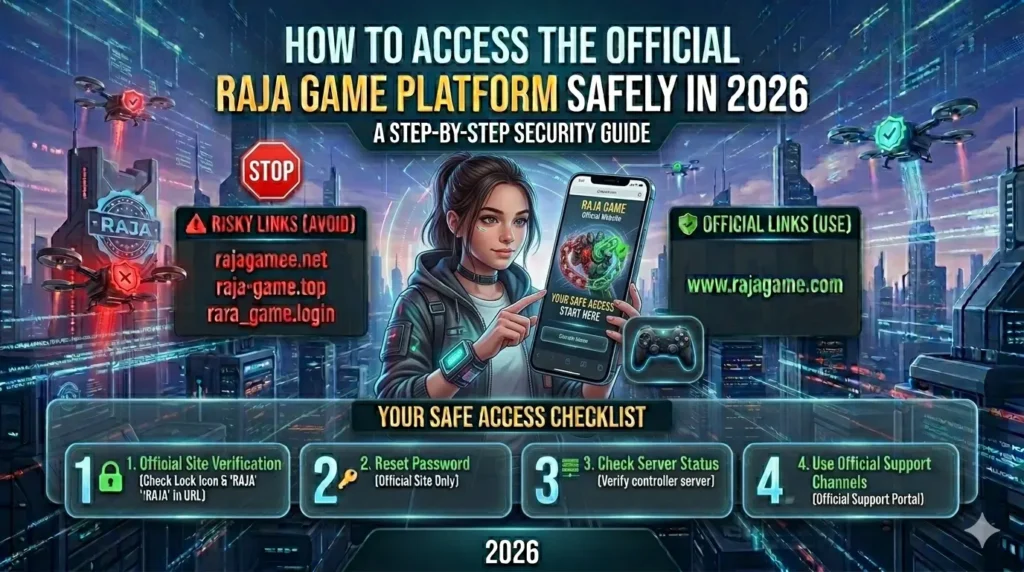 AI-themed futuristic cityscape with a woman holding a phone displaying "Raja Game" platform. Includes safety tips, official and risky links, and a security guide.